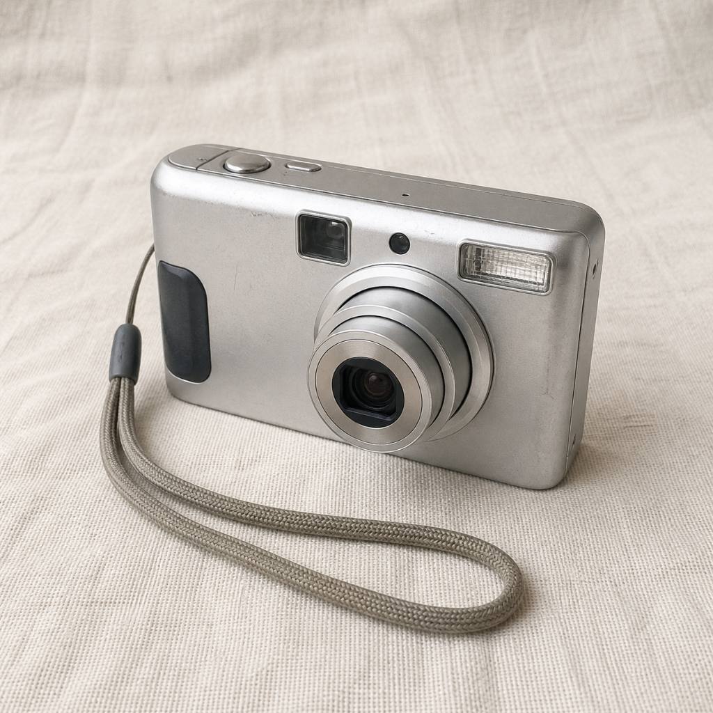 Silver Compact Digital Camera with Wrist Strap